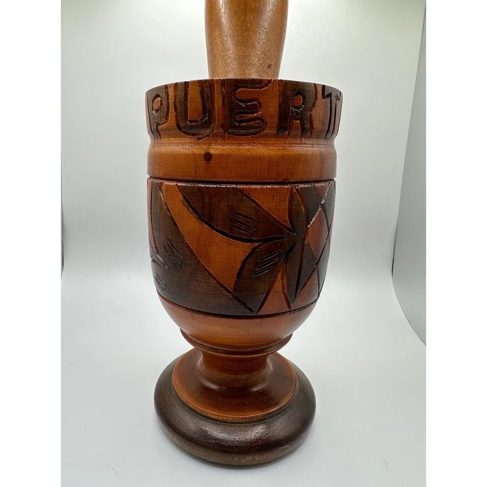 1970s Large Vintage Wood Carved Puerto Rico‎ Mortar & Pestle Great Condition
